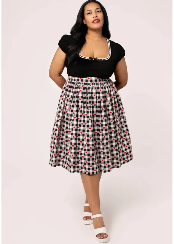 Hell Bunny Leonie Gingham Hearts 50's Swing Skirt Black White