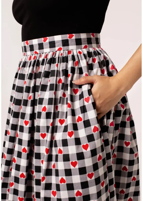 Hell Bunny Leonie Gingham Hearts 50's Swing Skirt Black White