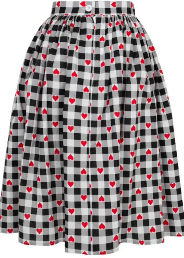 Hell Bunny Leonie Gingham Hearts 50's Swing Skirt Black White