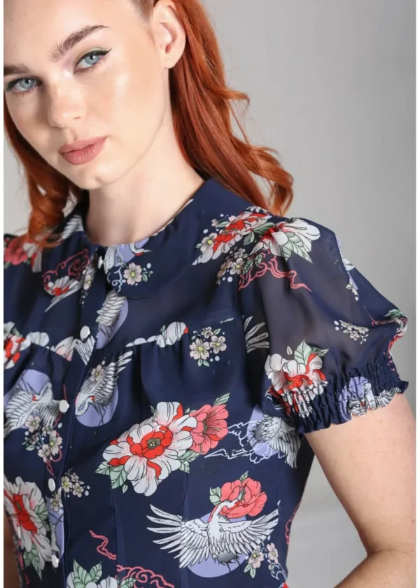 Hell Bunny Misa Crane 40's Blouse Navy Blue