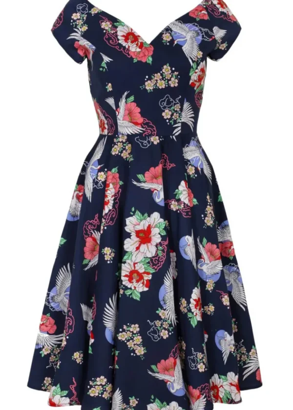 Hell Bunny Misa Cranes 50's Midi Swing Dress Navy