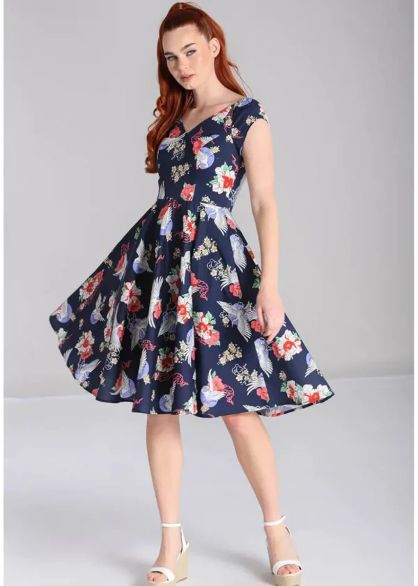 Hell Bunny Misa Cranes 50's Midi Swing Dress Navy