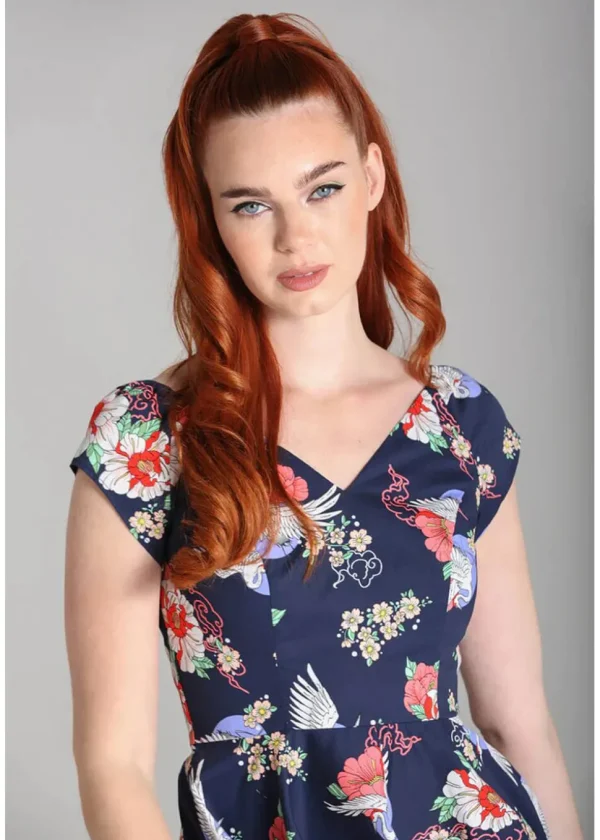Hell Bunny Misa Cranes 50's Midi Swing Dress Navy