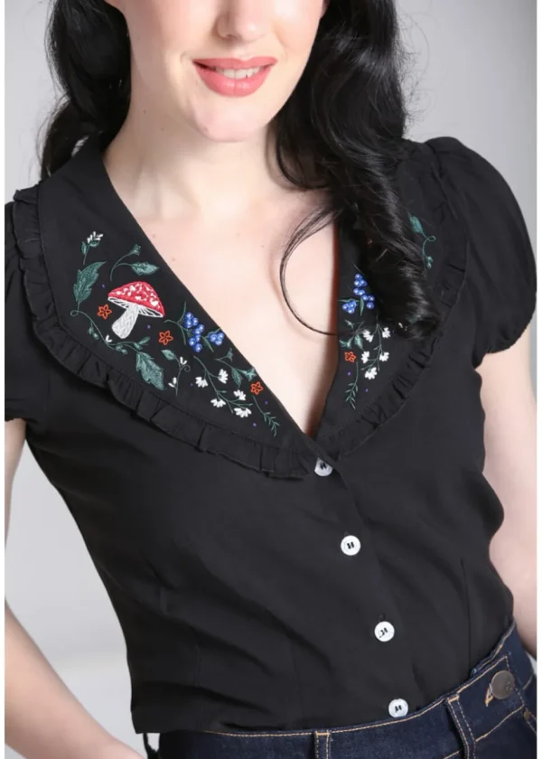 Hell Bunny Natura Mushroom 40's Blouse Black