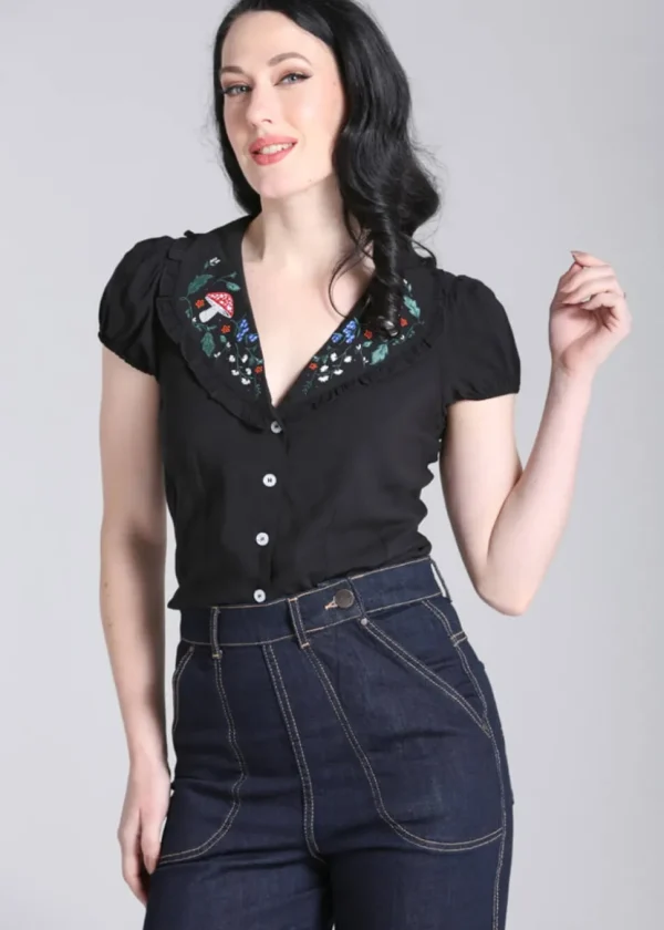 Hell Bunny Natura Mushroom 40's Blouse Black