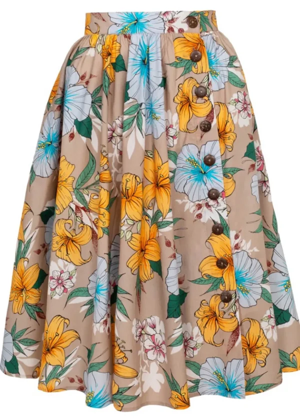 Hell Bunny Pattaya Floral 50's Swing Skirt Beige