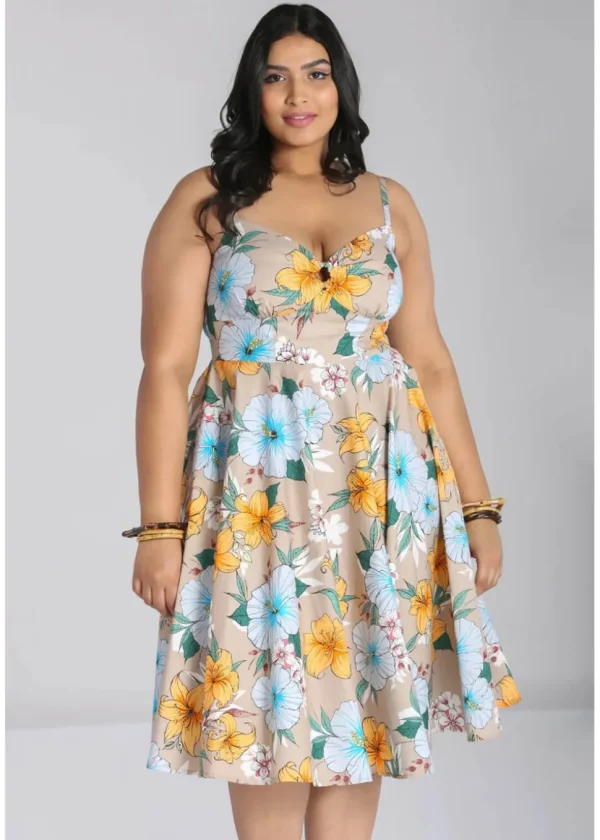 Hell Bunny Pattaya Floral 50's Swing Dress Beige