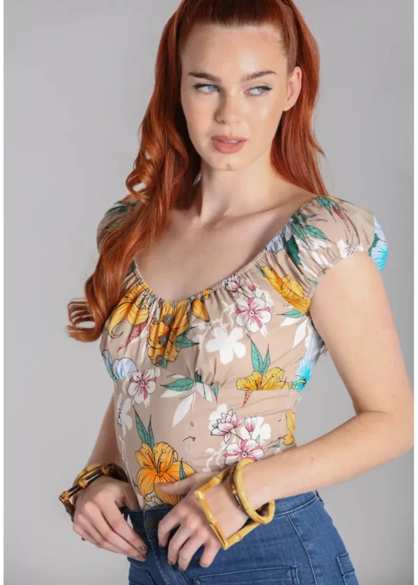 Hell Bunny Pattaya Floral Top Beige Coloured