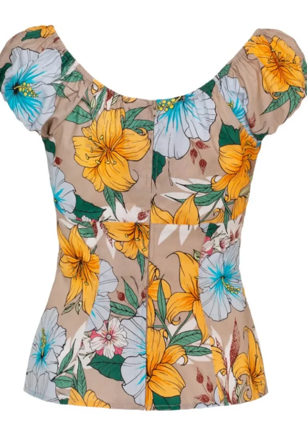 Hell Bunny Pattaya Floral Top Beige Coloured