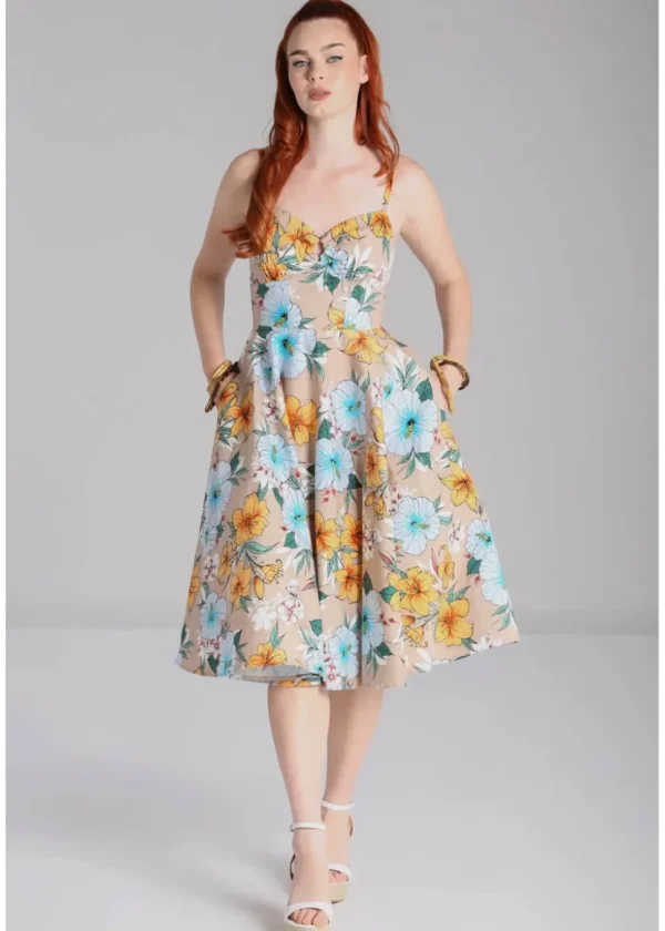 Hell Bunny Pattaya Floral 50's Swing Dress Beige