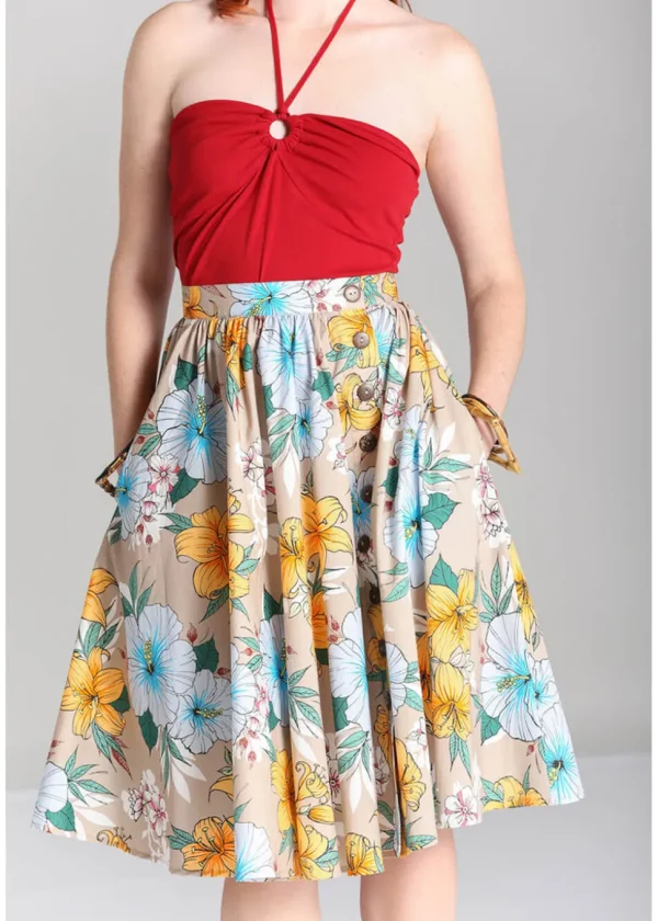 Hell Bunny Pattaya Floral 50's Swing Skirt Beige