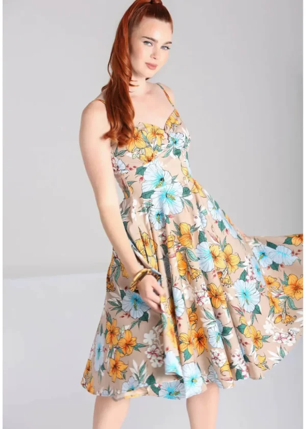 Hell Bunny Pattaya Floral 50's Swing Dress Beige