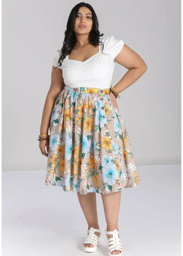 Hell Bunny Pattaya Floral 50's Swing Skirt Beige