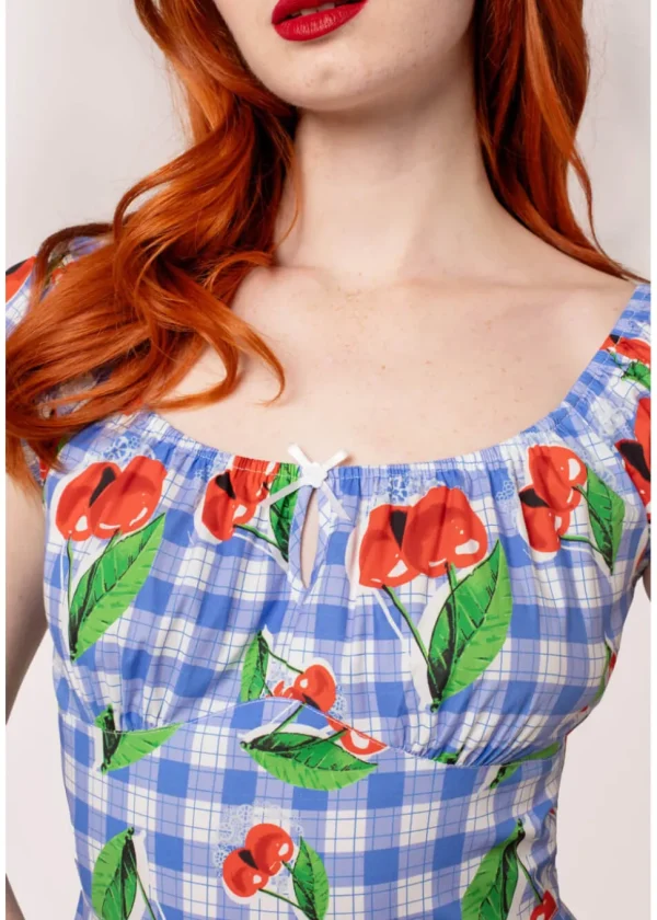 Hell Bunny Picnic Gingham Cherry 50's Swing Dress Blue