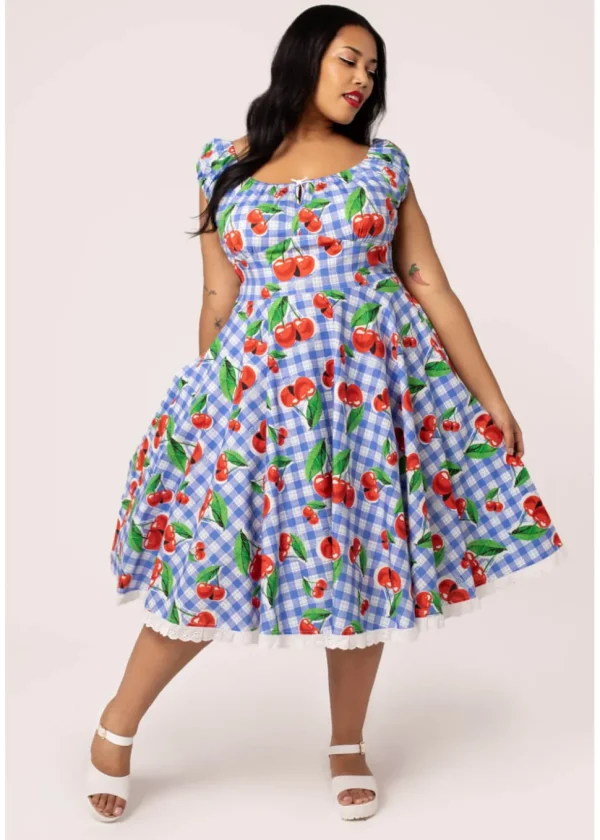 Hell Bunny Picnic Gingham Cherry 50's Swing Dress Blue