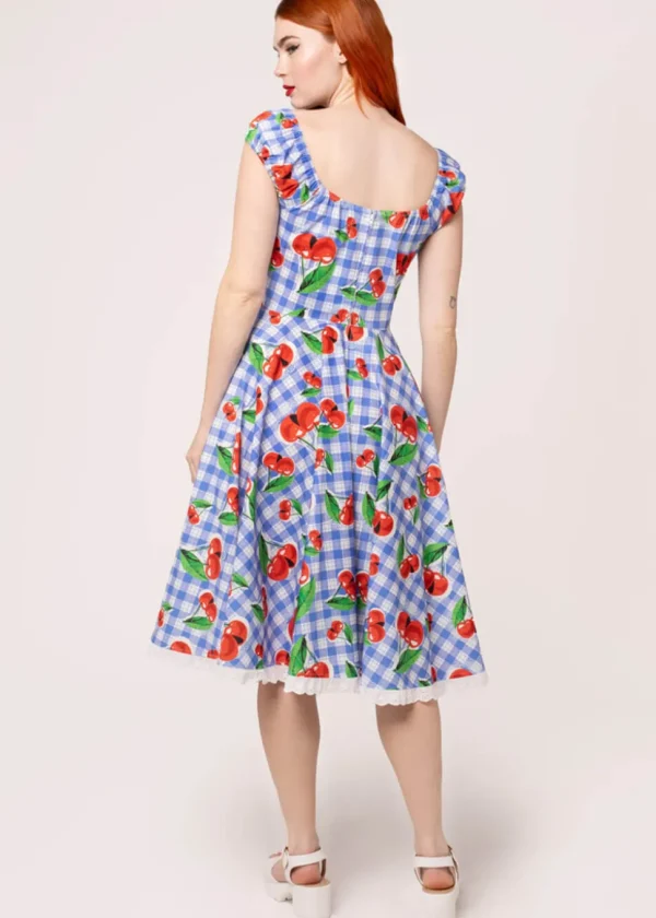 Hell Bunny Picnic Gingham Cherry 50's Swing Dress Blue