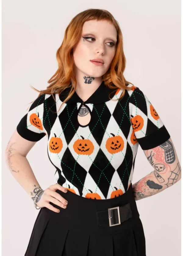 Hell Bunny Pumpkin Head Top Pullover Black White