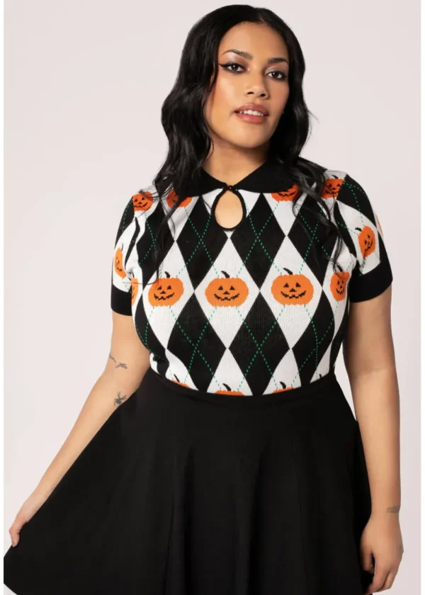 Hell Bunny Pumpkin Head Top Pullover Black White