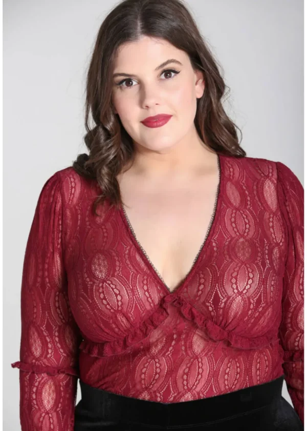 Hell Bunny Rhea Lace 70's Top in Burgundy