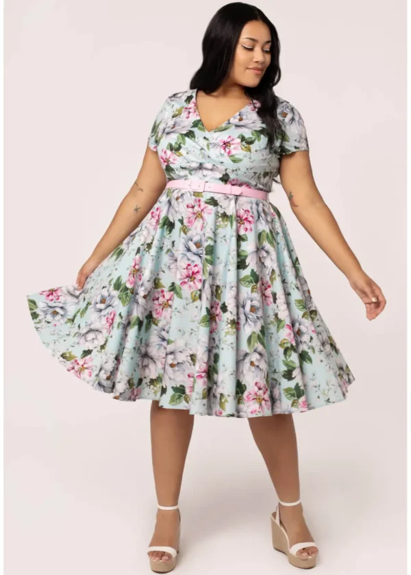 Hell Bunny Rina Floral 50's Swing Dress Blue