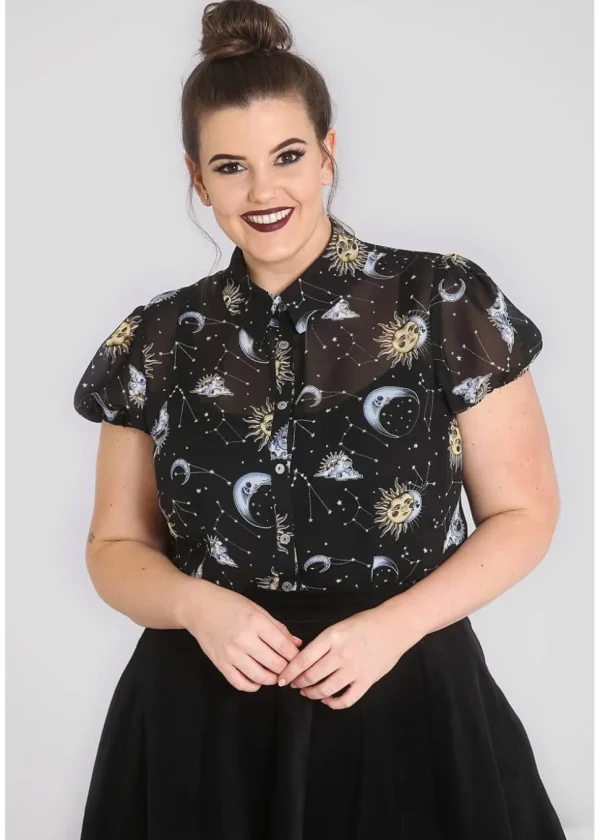 Hell Bunny Solaris Sun & Moon 70's Blouse Black
