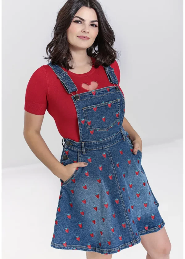 Hell Bunny Strawberry Denim 50's Pinafore Dress Blue