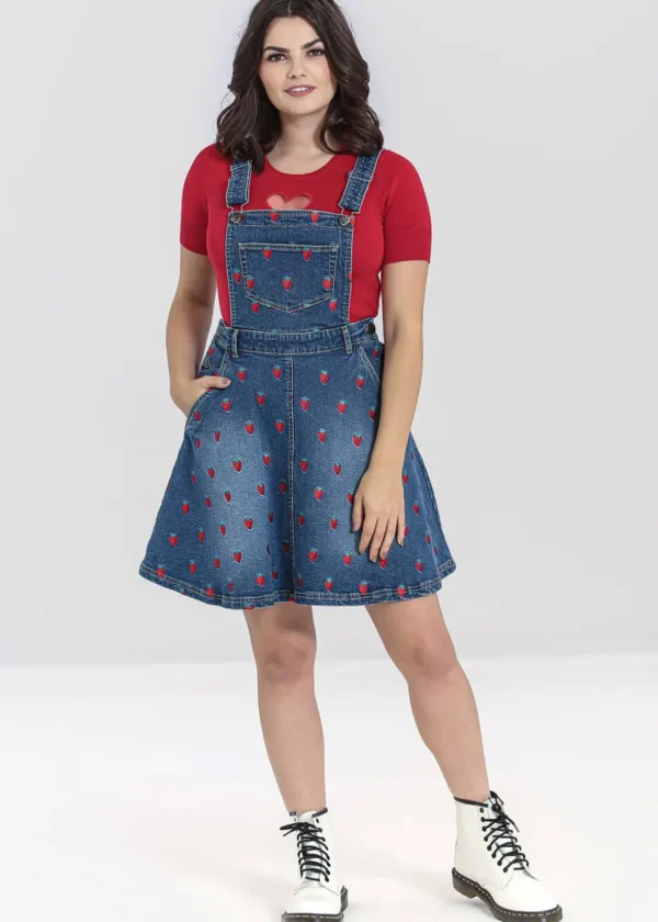 Hell Bunny Strawberry Denim 50's Pinafore Dress Blue