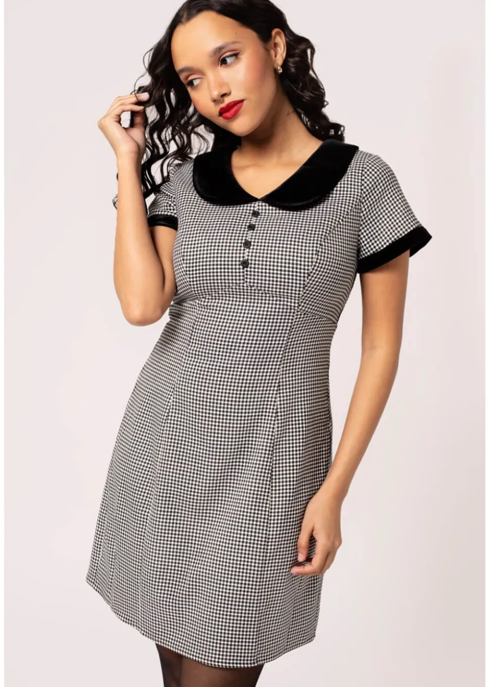 hell_bunny_teddy_houndsto_0.webp Hell Bunny Teddy Houndstooth 60's Short Dress Grey