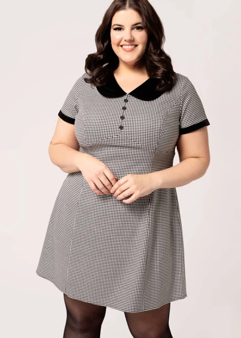 hell_bunny_teddy_houndsto_1.webp Hell Bunny Teddy Houndstooth 60's Short Dress Grey