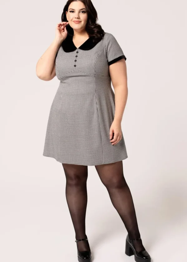 Hell Bunny Teddy Houndstooth 60's Short Dress Grey