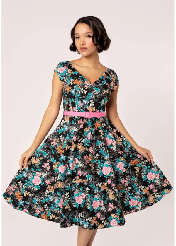 Hell Bunny Umi Floral 50's Swing Dress Black
