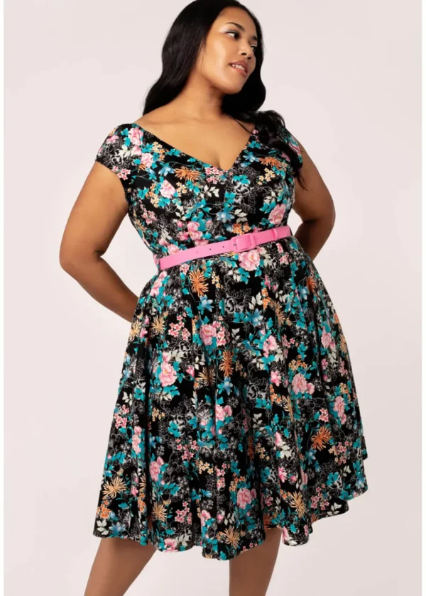 Hell Bunny Umi Floral 50's Swing Dress Black