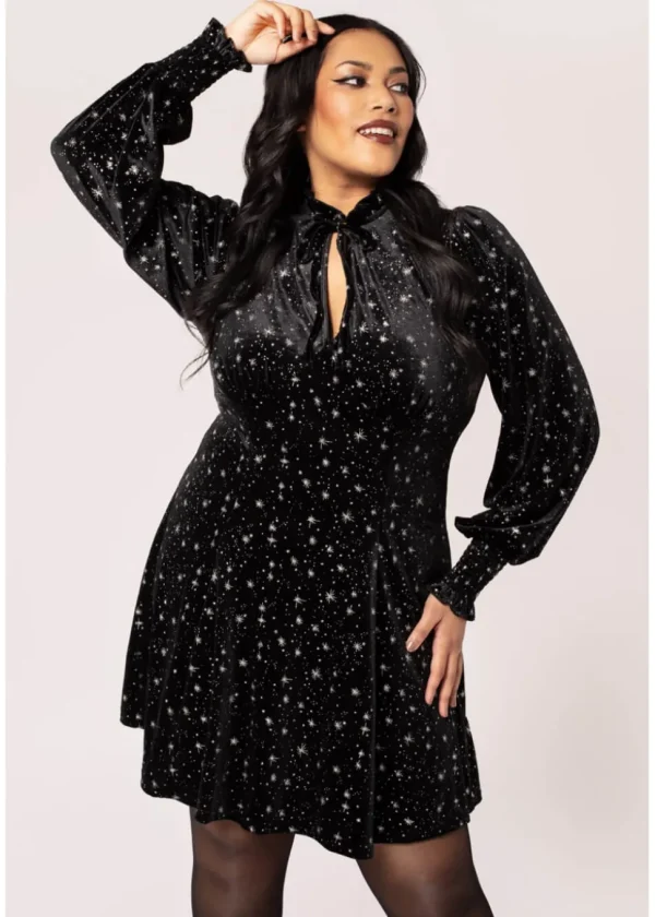 Hell Bunny Vela Stars Velvet 60's A-Line Dress Black