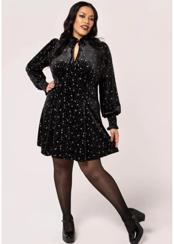 Hell Bunny Vela Stars Velvet 60's A-Line Dress Black