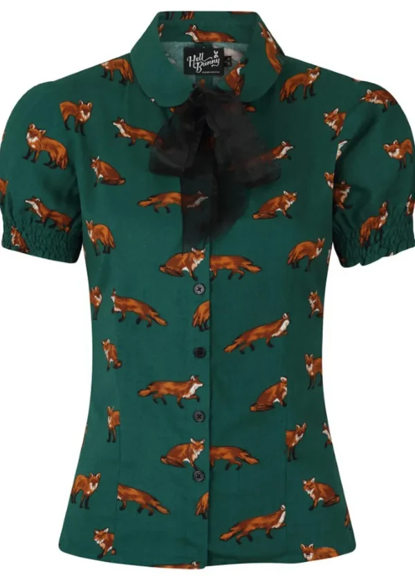 Hell Bunny Vixey Fox 40's Blouse Dark Green