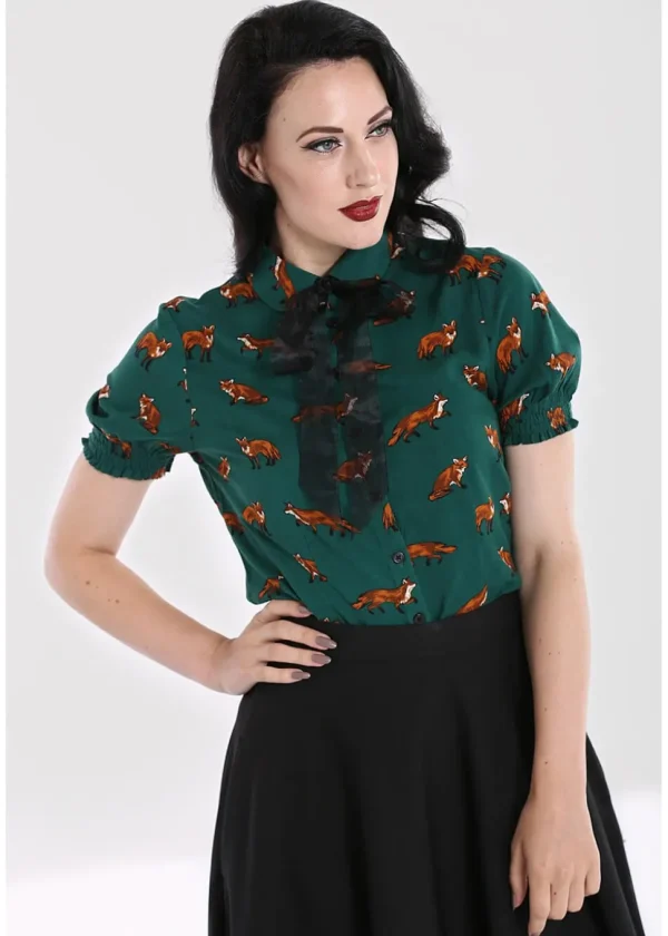 Hell Bunny Vixey Fox 40's Blouse Dark Green