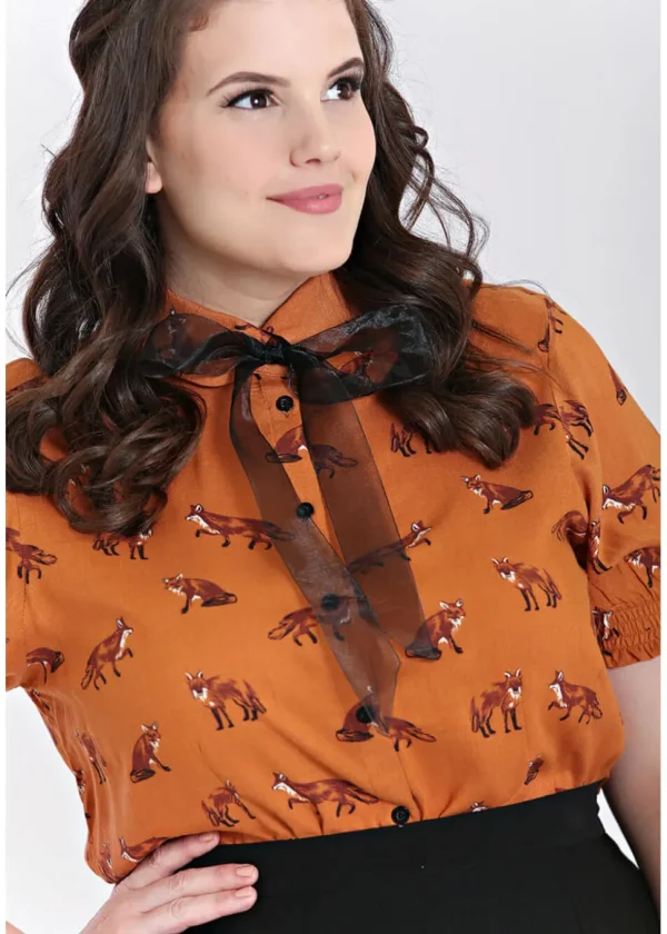 Hell Bunny Vixey Fox 40's Blouse Brown