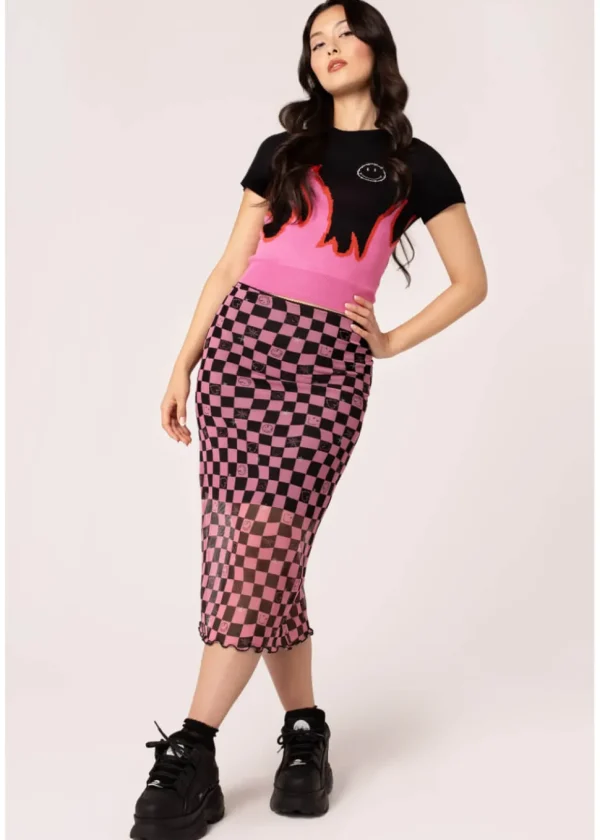 Hell Bunny x Smiley Distortion Mesh Midi Skirt Black Pink