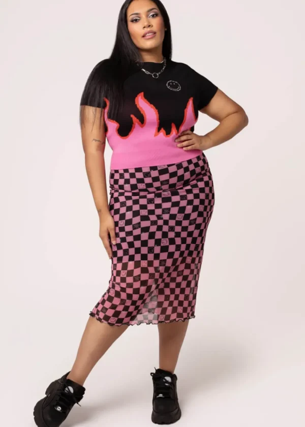 Hell Bunny x Smiley Distortion Mesh Midi Skirt Black Pink