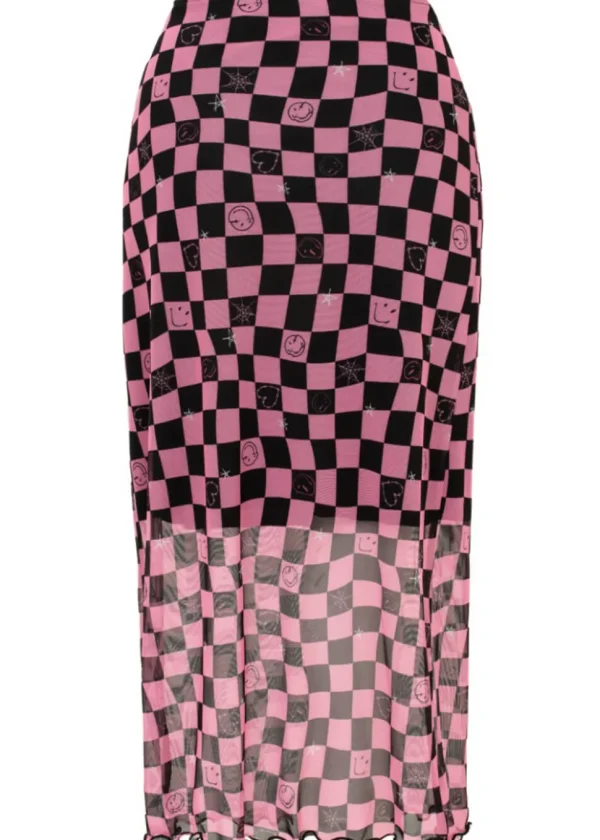 Hell Bunny x Smiley Distortion Mesh Midi Skirt Black Pink