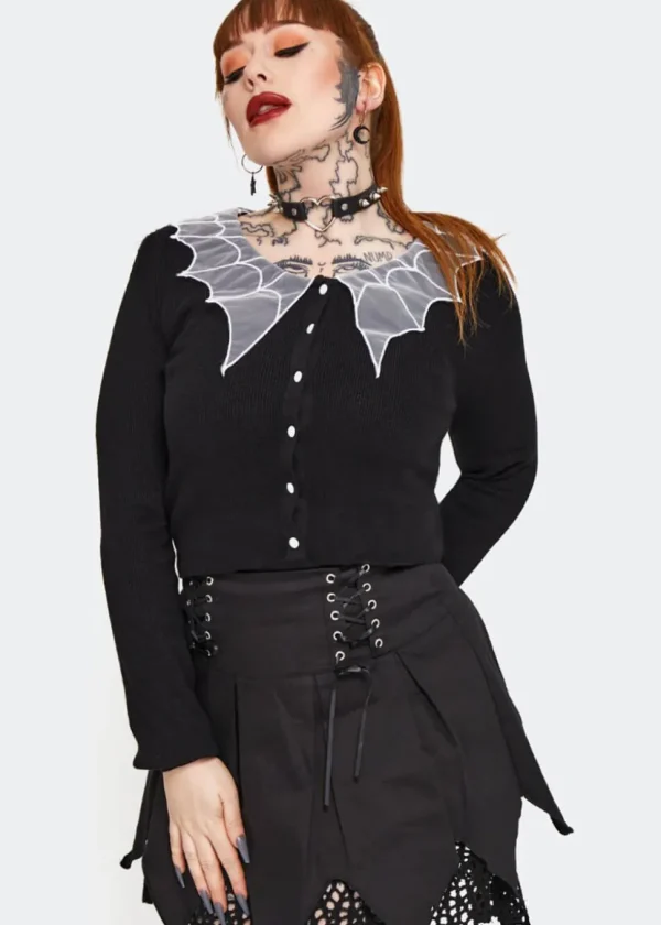 Jawbreaker Spider Web Collar 50's Cardigan Black