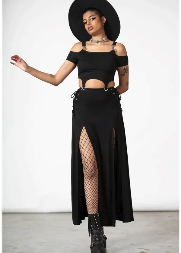 Killstar Hellverina Split Maxi Skirt Black