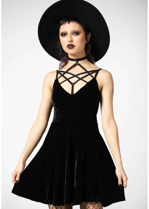 Killstar Magica Velvet Pentagram Skater Dress Black