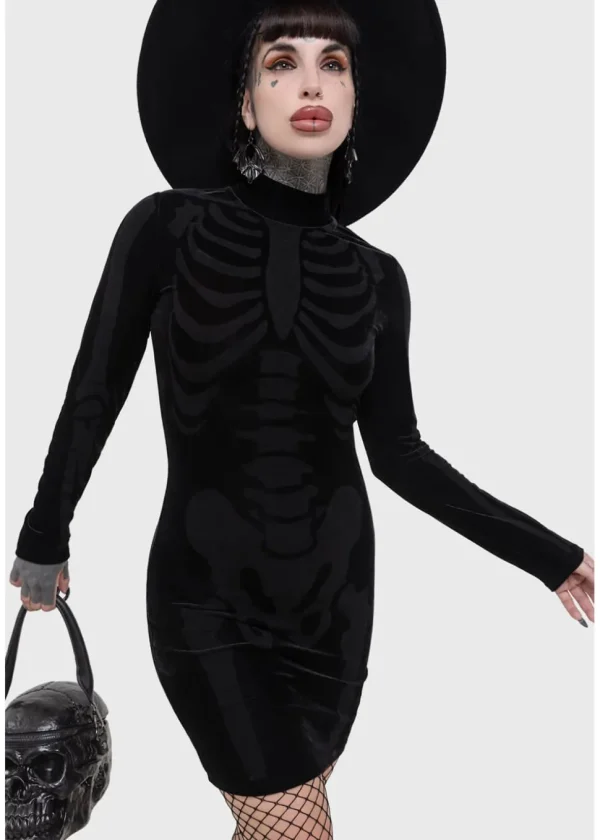 Killstar Skelliecore Skeleton Velvet Mini Dress Black