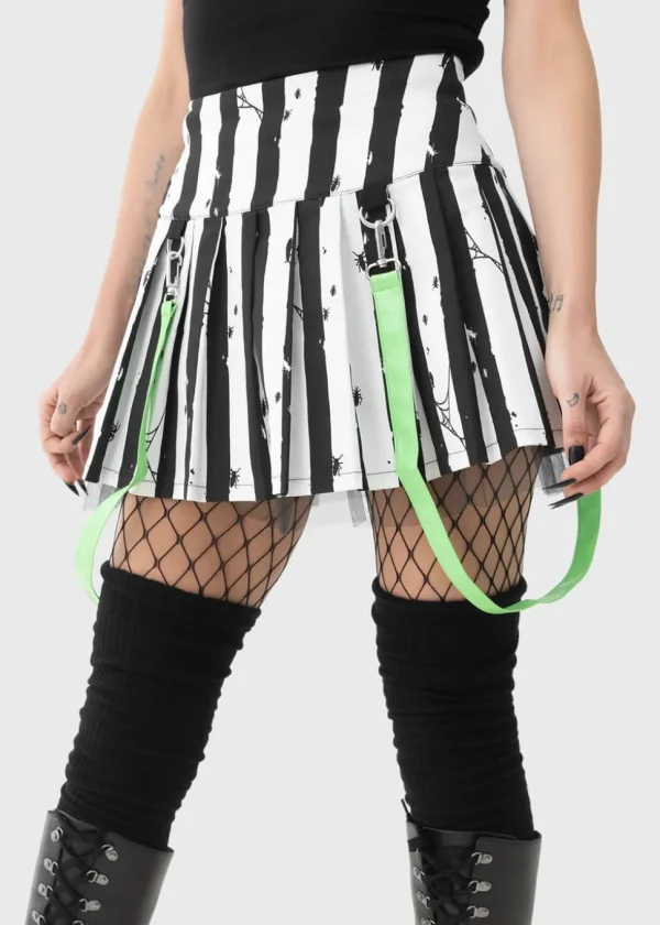 Killstar x Beetlejuice Distressed Stripe Pleated Mini Skirt Black White