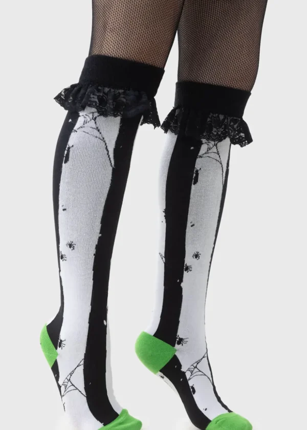 Killstar x Beetlejuice Distressed Stripe Knee Socks Black White