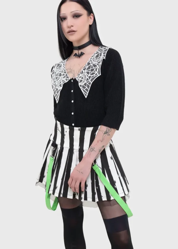 Killstar x Beetlejuice Distressed Stripe Pleated Mini Skirt Black White