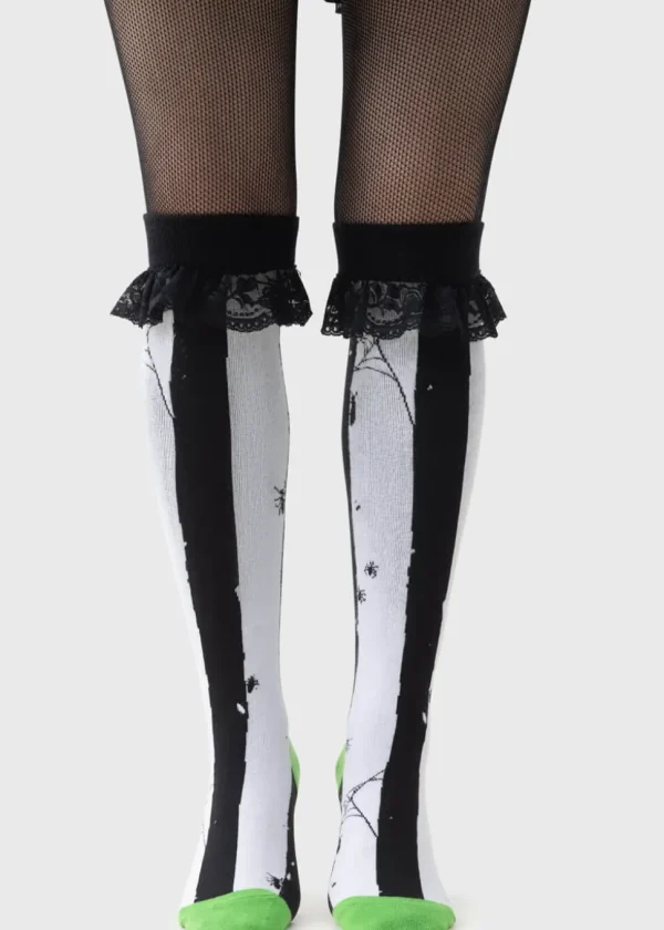 Killstar x Beetlejuice Distressed Stripe Knee Socks Black White