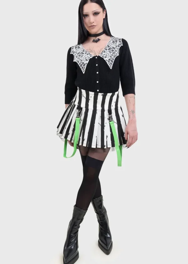 Killstar x Beetlejuice Distressed Stripe Pleated Mini Skirt Black White