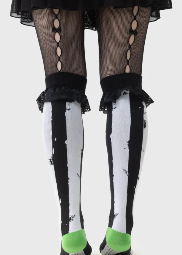 Killstar x Beetlejuice Distressed Stripe Knee Socks Black White